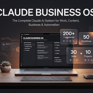 May include: A laptop displaying the Claude Business OS interface with text reading CLAUDE BUSINESS OS, The Complete Claude AI System for Work, Content, Business & Automation, 200+ Commands, 50 Workflows, 30 Skills, and 10 Projects on a dark background.