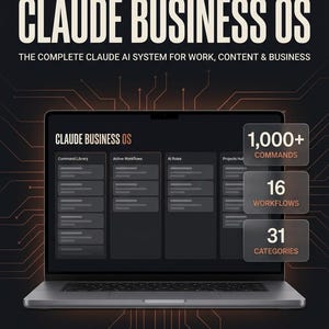 Może przedstawiać: Ekran laptopa wyświetla interfejs Claude Business OS z sekcjami Command Library, Active Workflows, AI Roles i Projects Hub. Nakładki tekstowe wyróżniają ponad 1000 poleceń, 16 przepływów pracy i 31 kategorii na ciemnym tle.