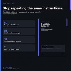 May include: A dark digital interface titled The AI Skills Builder Kit. It lists 60 ready-to-build skill sheets, 24 workflows with a human gate, 10 architecture layers plus templates, and 7 PDFs totaling 172 pages for Claude and ChatGPT workflows.