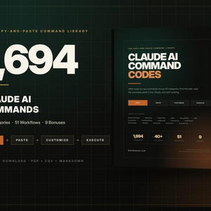 Könnte beinhalten: Eine digitale Produktanzeige mit dem Titel The Copy-and-Paste Command Library, die 1.694 Claude AI-Befehle in 40 Kategorien, 51 Workflows und 9 Boni enthält. Die dunkle Benutzeroberfläche enthält Schaltflächen zum Kopieren, Einfügen, Anpassen und Ausführen.
