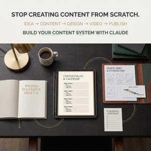 May include: A desk setup featuring a tablet displaying a content plan and calendar, an open notebook labeled Writing Document: Draft #1, a mug, a design brief and storyboard, and a publishing checklist with the text Stop Creating Content From Scratch.
