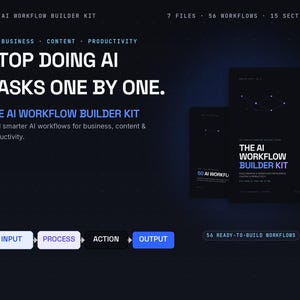 May include: A digital product display titled The AI Workflow Builder Kit featuring 7 files, 56 workflows, and 15 sections. The text reads Stop Doing AI Tasks One By One. A flow chart shows Input, Process, Action, and Output steps on a dark background.