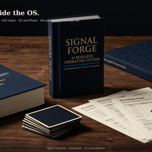May include: A collection of dark blue books and printed materials titled Signal Forge AI Business Operating System and 510 Command Codes, accompanied by a stack of dark square cards and a black pen on white paper sheets with printed tables.