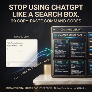 May include: A digital graphic featuring the text STOP USING CHATGPT LIKE A SEARCH BOX. 99 COPY-PASTE COMMAND CODES. It displays a generic chat interface and a command library with ChatGPT secret code cards, including content refinement and email sequences.