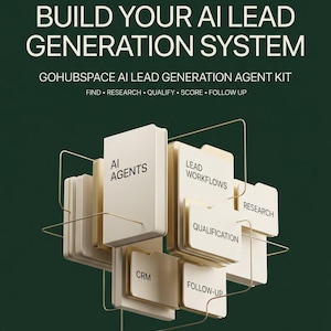 May include: A dark green graphic featuring the text BUILD YOUR AI LEAD GENERATION SYSTEM and GOHUBSPACE AI LEAD GENERATION AGENT KIT. Below, a 3D arrangement of cream-colored folders labeled AI AGENTS, LEAD WORKFLOWS, RESEARCH, QUALIFICATION, CRM, and FOLLOW-UP.