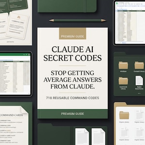 Può includere: Una guida premium intitolata Claude AI Secret Codes con il sottotitolo Stop Getting Average Answers From Claude e 718 Reusable Command Codes. La guida è circondata da tablet digitali, schede di comando e cartelle su uno sfondo scuro.