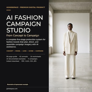 May include: A digital product guide titled AI FASHION CAMPAIGN STUDIO featuring a five-stage production system. The text includes details on an 80-page guide, 62 prompts, 16 worksheets, 24 examples, and 5 campaigns. An image shows a person in a cream blazer and trousers.