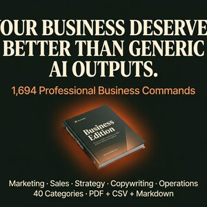 May include: A black book titled Business Edition with an orange glow, set against a dark background. Text reads: YOUR BUSINESS DESERVES BETTER THAN GENERIC AI OUTPUTS. 1,694 Professional Business Commands. Marketing, Sales, Strategy, Copywriting, Operations, 40 Categories, PDF + CSV + Markdown.