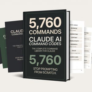 Op de afbeelding: Een zwart boek met de titel 5,760 COMMANDS CLAUDE AI COMMAND CODES THE COMPLETE COMMAND LIBRARY FOR CLAUDE 5,760 STOP PROMPTING FROM SCRATCH. Het boek wordt getoond met verschillende open pagina's met lijsten van categorieën zoals BUSINESS, MARKETING en SALES.