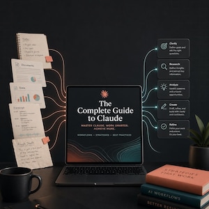 Peut inclure: Un ordinateur portable affichant The Complete Guide to Claude avec des textes sur les flux de travail et stratégies. Autour de l'écran flottent des notes numériques, des documents et une liste de processus : Clarify, Research, Analyze, Create, Refine.