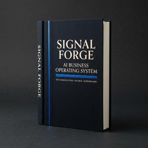 May include: A dark blue hardcover book titled Signal Forge AI Business Operating System. The cover features white text, a horizontal blue line, and the subtitle 510 command codes, 100 ideas, 50 workflows. The spine also displays the title Signal Forge.