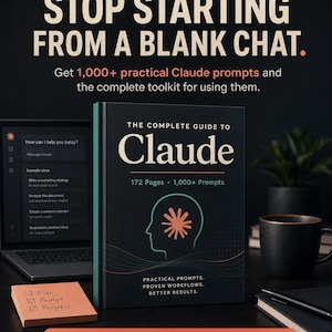Könnte beinhalten: Ein schwarzes Buch mit dem Titel The Complete Guide to Claude mit 172 Seiten und 1.000+ Prompts. Das Cover zeigt eine menschliche Kopf-Silhouette mit einem Stern-Symbol, den Text Practical Prompts, Proven Workflows, Better Results und einen korallenfarbenen Akzent.