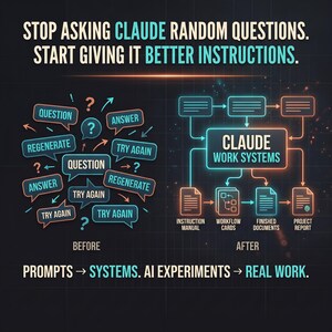 May include: A graphic with the text STOP ASKING CLAUDE RANDOM QUESTIONS. START GIVING IT BETTER INSTRUCTIONS. The left side shows a chaotic cluster of speech bubbles labeled QUESTION, ANSWER, REGENERATE, and TRY AGAIN. The right side displays a structured flowchart labeled CLAUDE WORK SYSTEMS, leading to icons for an instruction manual, workflow cards, finished documents, and a project report. The bottom text reads PROMPTS → SYSTEMS. AI EXPERIMENTS → REAL WORK.