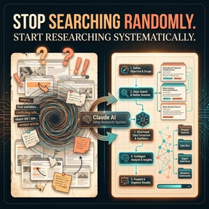 Könnte beinhalten: Eine Infografik mit dem Titel STOP SEARCHING RANDOMLY. START RESEARCHING SYSTEMATICALLY. Die linke Seite zeigt ein chaotisches Wirrwarr aus Browserfenstern und Haftnotizen mit Fragezeichen. Die rechte Seite zeigt ein strukturiertes Claude AI Deep Research System Flussdiagramm mit fünf nummerierten Schritten und kategorisierten Forschungsquellen.