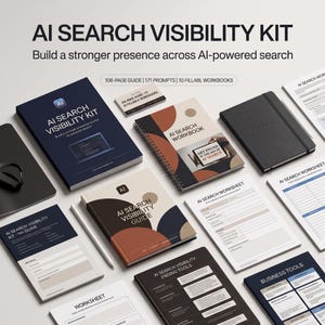 May include: An AI Search Visibility Kit featuring a 106-page guide, 171 prompts, and 10 fillable workbooks. The collection includes various bound manuals, spiral-bound workbooks, and loose-leaf worksheets with dark blue, brown, and white covers.