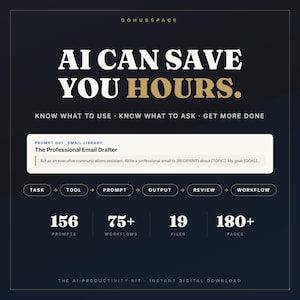 Könnte beinhalten: Eine digitale Grafik mit dunklem Hintergrund und dem Text AI CAN SAVE YOU HOURS. KNOW WHAT TO USE, KNOW WHAT TO ASK, GET MORE DONE. Sie enthält ein Prompt-Feld für The Professional Email Drafter, eine Workflow-Sequenz und Statistiken: 156 PROMPTS, 75+ WORKFLOWS, 19 FILES, 180+ PAGES, bezeichnet als THE AI PRODUCTIVITY KIT.