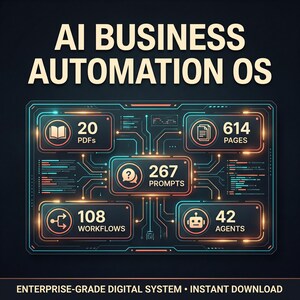 Könnte beinhalten: Ein digitales Dashboard mit dem Titel AI BUSINESS AUTOMATION OS, das fünf Datenfelder enthält: 20 PDFs, 614 Seiten, 267 Prompts, 108 Workflows und 42 Agenten. Die Benutzeroberfläche zeigt leuchtende blaue und orangefarbene Schaltkreislinien.