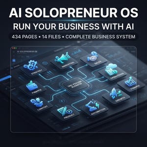 Puede incluir: Un sistema de negocio digital titulado AI SOLOPRENEUR OS RUN YOUR BUSINESS WITH AI 434 PAGES 14 FILES COMPLETE BUSINESS SYSTEM. La interfaz muestra un centro ONE-PERSON BUSINESS conectado a iconos de estrategia, marketing, ventas, operaciones, finanzas, contenido, producto, crecimiento y automatización.