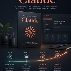 May include: A black book titled The Complete Guide to Claude with an orange starburst graphic. Below, a timeline shows a 30-day roadmap from Day 1 to Day 30, featuring icons for Foundation, Build, Optimize, and Master, alongside text detailing steps.
