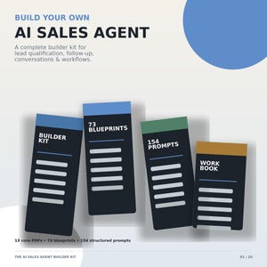 Puede incluir: Un kit de construcción digital para un agente de ventas de IA con cuatro tarjetas rectangulares oscuras con encabezados de colores. El texto incluye BUILD YOUR OWN AI SALES AGENT, BUILDER KIT, 73 BLUEPRINTS, 154 PROMPTS, WORK BOOK, 13 core PDFs, 73 blueprints, 154 structured prompts.