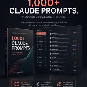 Może przedstawiać: 172-stronicowy przewodnik zatytułowany 1,000+ CLAUDE PROMPTS. Okładka ma ciemne tło z kolorowym wzorem fal. Obok znajduje się interfejs cyfrowy wyświetlający kategorie i polecenia, w tym Blog Post Outline oraz Product Launch Plan.