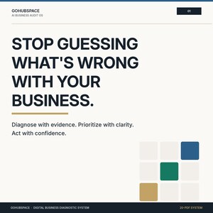 May include: A digital business diagnostic system document titled GOHUBSPACE AI BUSINESS AUDIT OS. The text reads: STOP GUESSING WHAT'S WRONG WITH YOUR BUSINESS. Diagnose with evidence. Prioritise with clarity. Act with confidence. Includes a grid of squares.