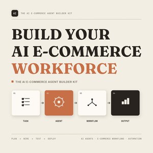 Peut inclure: Un design graphique intitulé BUILD YOUR AI E-COMMERCE WORKFORCE. Il présente un processus en quatre étapes avec des icônes pour Task, Agent, Workflow et Output. Le texte en bas indique PLAN, WIRE, TEST, DEPLOY, AI AGENTS, E-COMMERCE WORKFLOWS et AUTOMATION.
