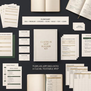 May include: A Claude AI MVP Builder Kit set featuring a central book, multiple product discovery worksheets, feature scope cards, testing checklists, and build documents. The text reads CLAUDE AI MVP BUILDER KIT and TURN AN APP IDEA INTO A CLEAR, TESTABLE MVP.