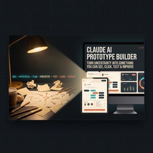Pode incluir: Uma tela de espaço de trabalho digital com o texto CLAUDE AI PROTOTYPE BUILDER TURN UNCERTAINTY INTO SOMETHING YOU CAN SEE, CLICK, TEST & IMPROVE. Uma cena de mesa com lâmpada, lápis e notas mostrando IDEA, HYPOTHESIS, FLOW, PROTOTYPE, TEST, LEARN, ITERATE.