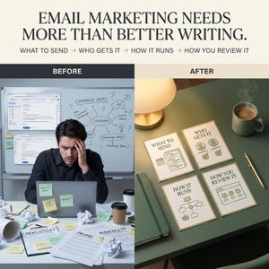 Può includere: Un grafico diviso in due con il titolo EMAIL MARKETING NEEDS MORE THAN BETTER WRITING. Il lato sinistro mostra una scrivania disordinata con una persona, un portatile e fogli etichettati NEWSLETTER e PROMO. Il lato destro mostra quattro schede etichettate WHAT TO SEND, WHO GETS IT, HOW IT RUNS e HOW YOU REVIEW IT.