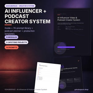 以下が含まれることがあります： AI Influencer + Podcast Creator Systemには、ガイド、74個のプロンプトライブラリ、ポッドキャストプランナー、制作テンプレートが含まれています。13のモジュール、2つのキャップストーンプロジェクト、74個のプロンプトが、ダークなデジタルインターフェースで構成されています。