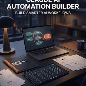 May include: A laptop displaying an AI workflow diagram, a tablet with data charts, and a spiral-bound notebook labeled CLAUDE AI AUTOMATION BUILDER. The text CLAUDE AI AUTOMATION BUILDER BUILD SMARTER AI WORKFLOWS appears at the top, with GOHUBSPACE at the bottom.