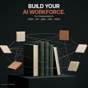 Könnte beinhalten: Eine digitale Grafik mit dem Titel BUILD YOUR AI WORKFORCE. The AI Employee Builder Kit mit Schaltflächen für MARKETING, SALES, RESEARCH, CONTENT, OPERATIONS. Dunkelgrüne Bücher sind durch dünne Linien mit schwebenden beigen und orangefarbenen quadratischen Tafeln verbunden.