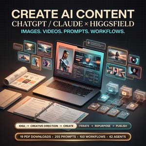 Puede incluir: Un portátil muestra una interfaz de creación de contenido IA con ventanas flotantes, rodeado de cuadernos abiertos e iconos de archivos digitales. Texto: CREATE AI CONTENT, CHATGPT / CLAUDE x HIGGSFIELD, IMAGES. VIDEOS. PROMPTS. WORKFLOWS. IDEA -> CREATIVE DIRECTION -> CREATE -> ITERATE -> REPURPOSE -> PUBLISH. 19 PDF DOWNLOADS, 255 PROMPTS, 100 WORKFLOWS, 42 AGENTS.