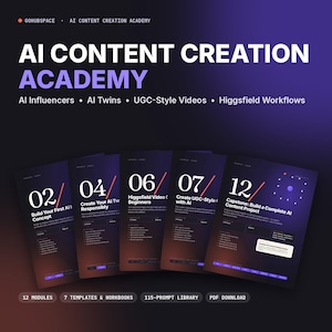 Pode incluir: Um gráfico de curso digital intitulado AI Content Creation Academy apresentando os módulos 02, 04, 06, 07 e 12. O texto lista tópicos como AI Influencers, AI Twins, UGC-Style Videos e Higgsfield Workflows com 12 módulos e 115 prompts.