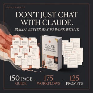 Könnte beinhalten: Ein digitales Produktpaket mit einem 150-seitigen Leitfaden namens Claude Workflow Masterclass, 175 Workflows und 125 Prompts. Die Darstellung umfasst ein Buchcover, mehrere PDF-Dokumentsymbole und bedruckte Seiten auf dunklem Hintergrund.