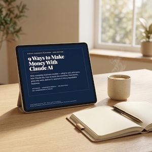 Może przedstawiać: Tablet wyświetlający cyfrowy podręcznik biznesowy zatytułowany 9 Ways to Make Money With Claude AI, 2026 Edition. Ekran zawiera tekst o modelach biznesowych, przepływach pracy i ramach. Obok znajduje się ceramiczny kubek oraz otwarty notatnik z długopisem.
