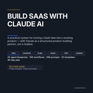 Puede incluir: Una guía digital azul oscuro titulada BUILD SAAS WITH CLAUDE AI de GOHUBSPACE. Describe un sistema para crear productos, incluyendo 42 planos de agentes, 100 flujos de trabajo, 294 prompts, 22 plantillas, un plan de 30 días y una guía de 252 páginas.