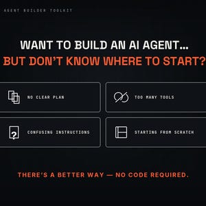 Może przedstawiać: Czarna grafika z tytułem AI AGENT BUILDER TOOLKIT. Pyta WANT TO BUILD AN AI AGENT... BUT DON'T KNOW WHERE TO START? Cztery pola wymieniają wyzwania: NO CLEAR PLAN, TOO MANY TOOLS, CONFUSING INSTRUCTIONS oraz STARTING FROM SCRATCH.