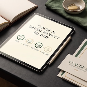 Könnte beinhalten: Ein Tablet mit dem Text CLAUDE AI DIGITAL PRODUCT FACTORY und einem Prozessablauf aus IDEA, BUILD, PACKAGE und PUBLISH. Neben dem Tablet liegt eine Visitenkarte mit demselben Text und ein Eingabestift an der Seite des Geräts.