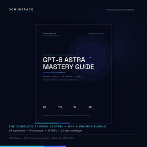 Può includere: Una guida digitale blu scuro intitolata GPT-6 ASTRA MASTERY GUIDE di GOHUBSPACE. La copertina presenta il testo THE COMPLETE PRACTICAL SYSTEM, LEARN, BUILD, AUTOMATE, CREATE, ed elenca 64 workflows, 114 prompts, 10 PDF e una 30-day challenge.