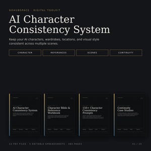 May include: A digital toolkit titled AI Character Consistency System featuring four document covers labeled AI Character Consistency System, Character Bible & Reference Workbook, 150+ Character Consistency Prompts, and Continuity Case Studies.