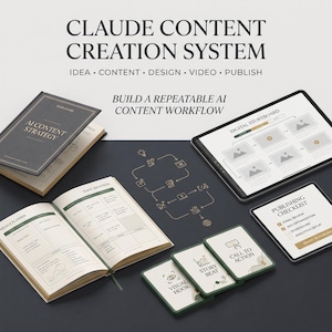 May include: A Claude Content Creation System kit featuring a dark-covered AI Content Strategy guide, an open weekly planner, a digital storyboard tablet, a publishing checklist, and three cards labelled Visual Hook, Story Beat, and Call to Action.