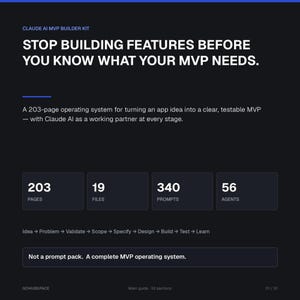 May include: A dark-themed digital guide titled Claude AI MVP Builder Kit. It features the text: Stop building features before you know what your MVP needs. It includes 203 pages, 19 files, 340 prompts, 56 agents, and a process flow from idea to learn.