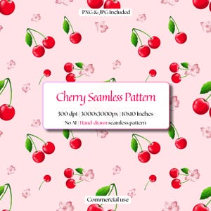 Könnte beinhalten: Ein nahtloses Muster mit roten Kirschen und hellrosa Blüten auf hellrosa Hintergrund. Ein zentrales weißes rechteckiges Etikett zeigt den Text: Cherry Seamless Pattern, 300 dpi, 3000x3000px, 10x10 Inches, No AI, Hand-drawn seamless pattern, Commercial use.