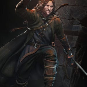 May include: A detailed figurine of a long-haired man with a beard, wearing a dark green hooded cloak over a blue tunic with leather lacing, brown trousers, and tall boots. The figure holds a sword in one hand and stands against a stone wall.