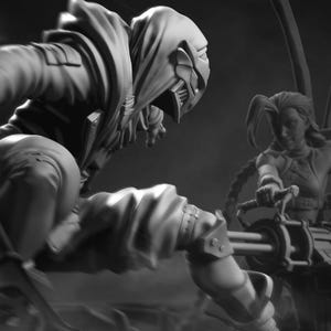 May include: A monochromatic 3D printed figurine set featuring a masked, hooded character in a dynamic lunging pose with a sword, positioned opposite a second character operating a large multi-barrelled rotary weapon with visible mechanical details.
