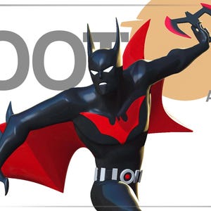 Peut inclure: Une illustration graphique d'un personnage en costume noir avec un emblème de poitrine rouge et des ailes de cape rouges, tenant une arme en forme de chauve-souris rouge et noire. Le texte LOOT BOX et APRIL 2026 apparaît en gris sur un cercle beige.