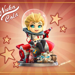 May include: A stylized figurine of a blonde character in a space suit sitting on a red and silver rocket, holding a red Nuka Cola bottle. A brown Nuka Cola bottle and a metallic helmet sit at the base. The background features Nuka Cola text and stars.