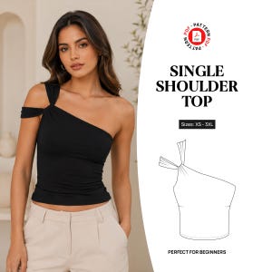 Op de afbeelding: Een zwart topje met één schouder en een geknoopt bandje aan één kant. De afbeelding bevat een PDF-patroonpictogram, de tekst "SINGLE SHOULDER TOP", "Sizes: XS - 3XL", een lijntekening van het kledingstuk en de tekst "PERFECT FOR BEGINNERS".